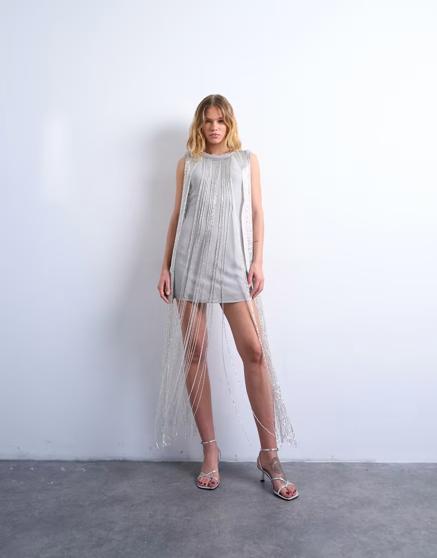 Topshop heavy beaded fringe mini dress in silver | ASOS (Global)