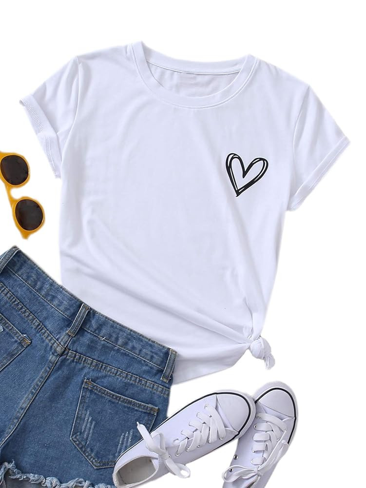 SweatyRocks Women's Heart Print T Shirts Summer Funny Short Sleeve Tops | Amazon (US)
