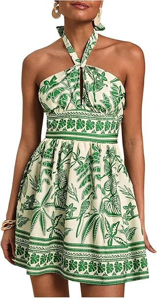 SOLY HUX Women's Sundress Tropical Print Halter Dress Tie Backless Sleeveless A Line Short Summer... | Amazon (US)