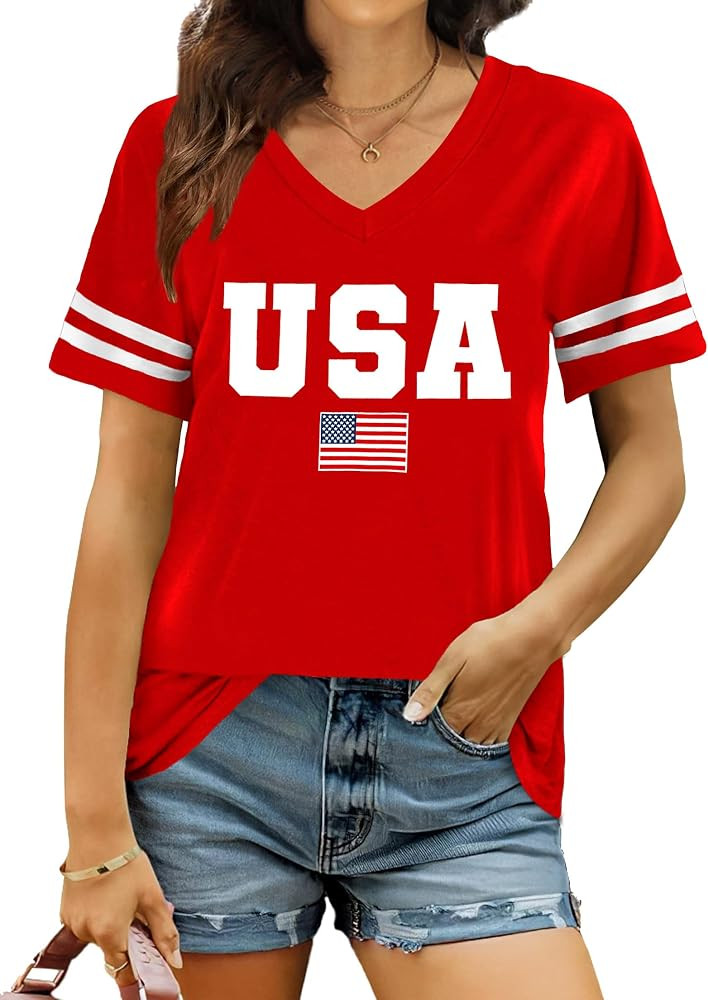 American Flag Shirts Women Patriotic Shirt 4th of July Tee Tops V-Neck Short Sleeve Summer T-Shir... | Amazon (US)