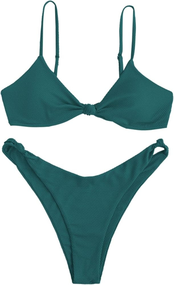 ZAFUL Women's Tie Knot Front Spaghetti Strap High Cut Bikini Set Swimsuit | Amazon (US)