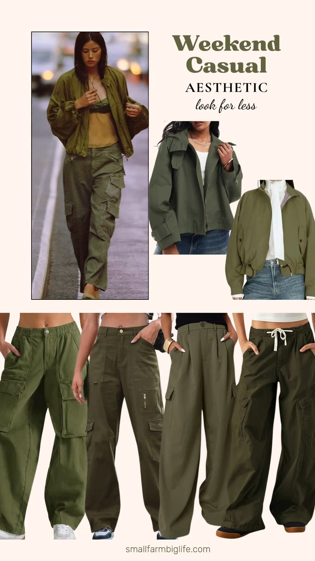 This Anthropologie set with the Pilcro Aero wide leg cargo pants for $148 and the Moira funnel neck utility jacket for $178 is such a good weekend look, but the price tag had me hunting for a look for less, and Amazon delivered several close matches in the same green tones.

For cargo pants: an army green barrel baggy cargo pant with a high waisted wide leg fit for $27, an army green high waisted wide leg cargo pant with 7 pockets and a stretchy drawstring for $32, an olive green high waisted wide leg cargo pant with 4 pockets for $43, and an army green drawstring barrel baggy cargo pant for $43.

For jackets: an olive green lightweight zip up drawstring jacket with pockets for $43, and an army green cropped trench coat with a back cape detail for $46.

Splurge or save, which one would you pick?

#weekendcasual #cargopants #utilityjacket #amazonfashionfinds #lookforless 

 #LTKootd #LTKOver40