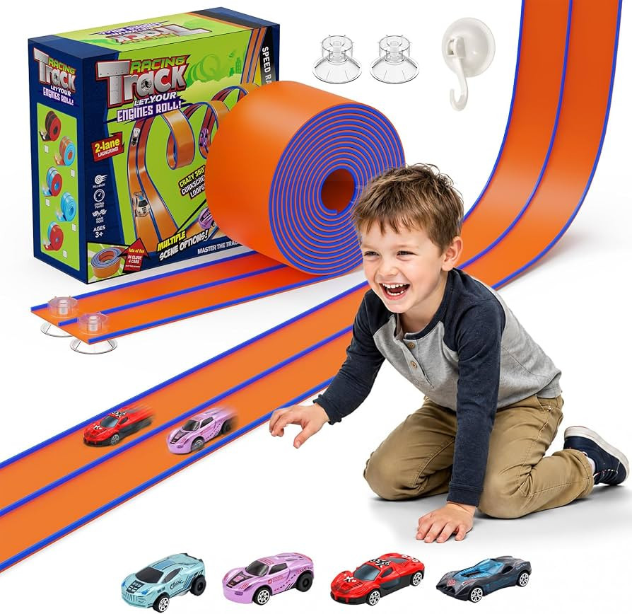 Autorennbahn 5,5 m Doppelspur \u2013 Flexible Rennbahn mit 4 Autos, Saugn\u00e4pfen & Aufh\u00e4n... | Amazon (DE)