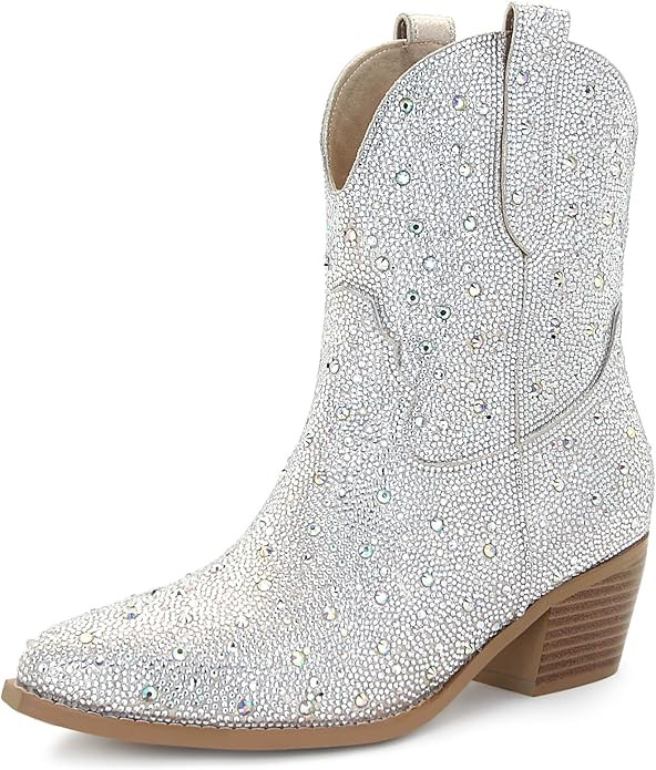 SOVANYOU Rhinestone Cowboy Boots for Women Pointed Toe Low Block Heel Booties Slip on Western Ank... | Amazon (US)