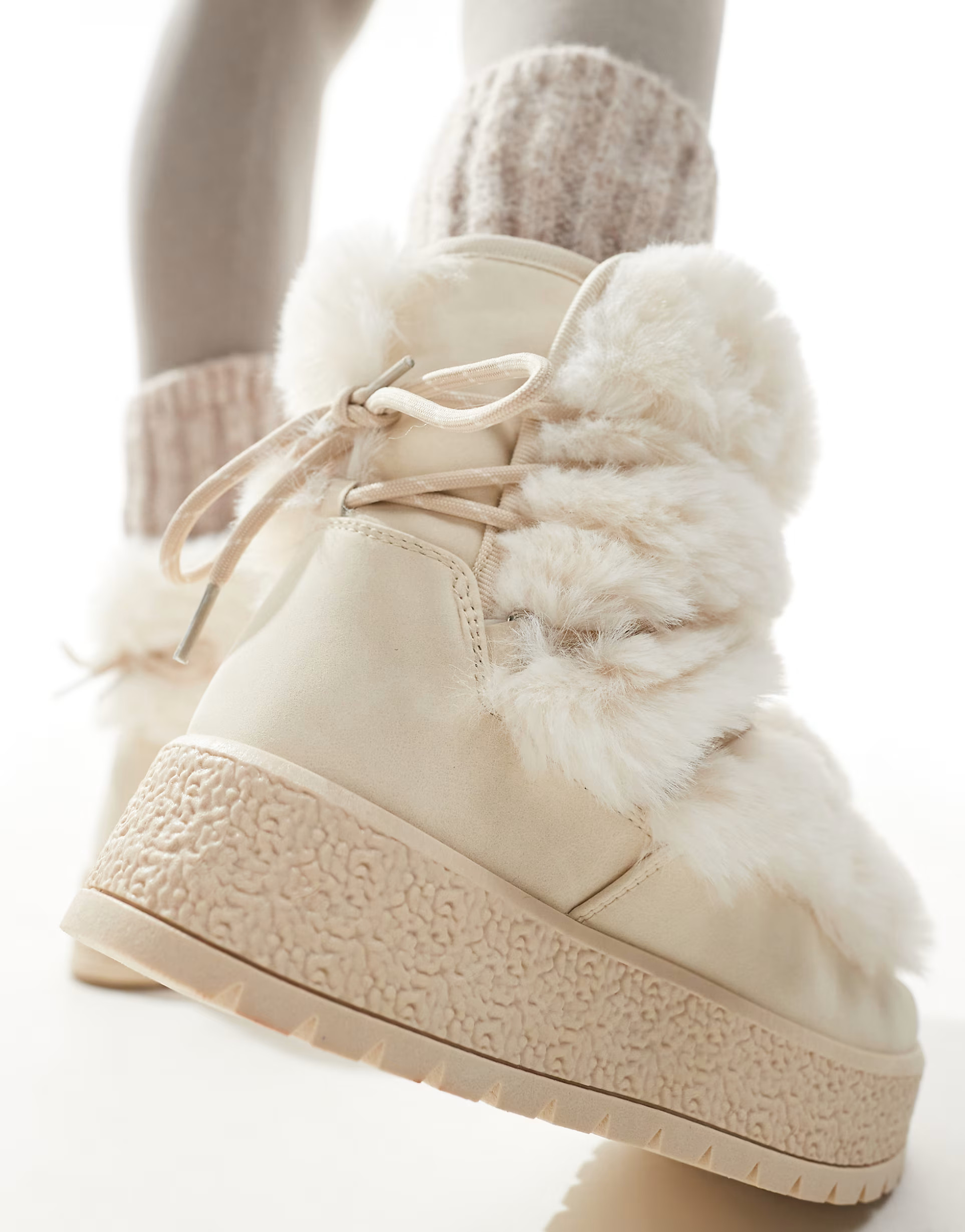 South Beach Faux Fur Lace Up Snow Boots in Cream | ASOS (Global)
