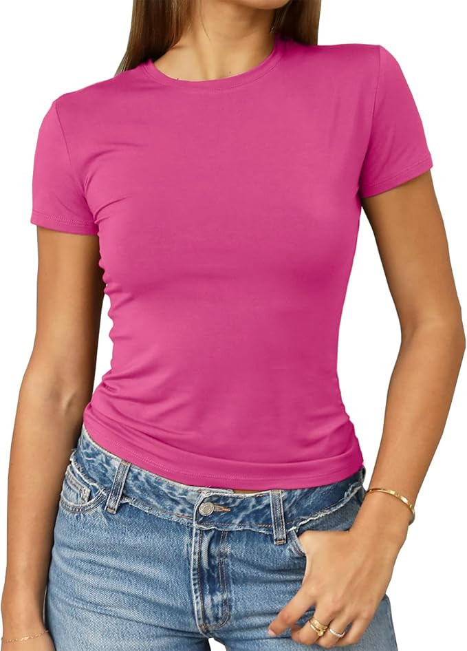 Abardsion Women's Casual Basic Going Out Crop Tops Slim Fit Short Sleeve Crew Neck Tight T Shirts... | Amazon (US)