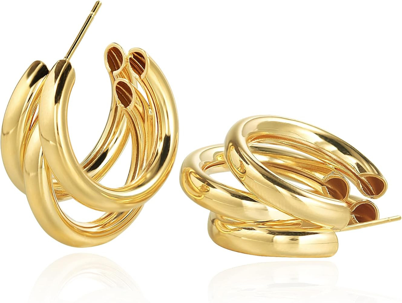 Chunky Gold Hoop Earrings for Women, 14k Gold Plated Thick Triple Hoop Earrings Hypoallergenic Tr... | Amazon (US)