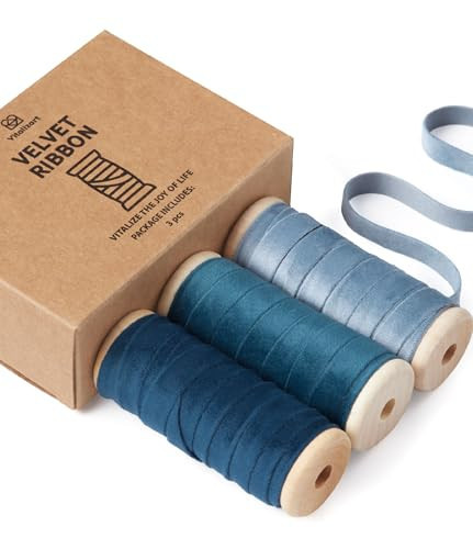Vitalizart Blue Velvet Ribbon Set 3/8" x 15 Yd Fabric Trim Royal & Dusty Blue 3 Rolls * 5 Yd for Christmas Wreath Decoration Handmade Craft Ornaments Gift Wrapping & Bow Making | Amazon (US)