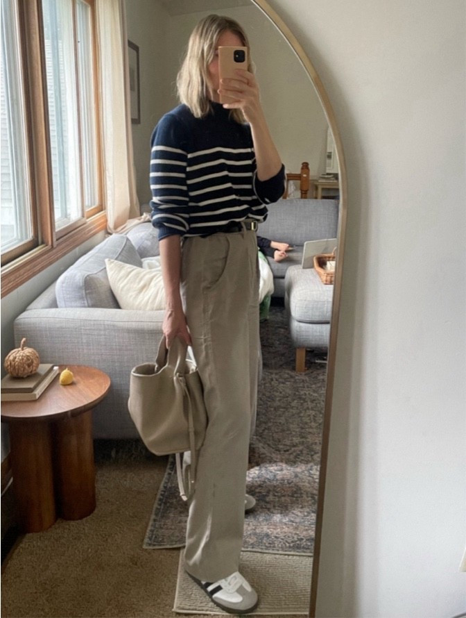 A cozy fall outfit that is timeless - striped sweater - navy sweater - classic sweater - fall sweater - work pants - casual pants - pleated pants - Madewell - jcrew - sneaker outfits - adidas 

#LTKOver40 #LTKmomlife #LTKootd