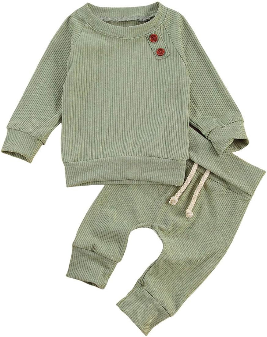Toddler Baby Boy Girl Clothes Outfits Ribbed Long Sleeve Pullover Sweatshirts Tops Pants Solid 2PCS  | Amazon (US)