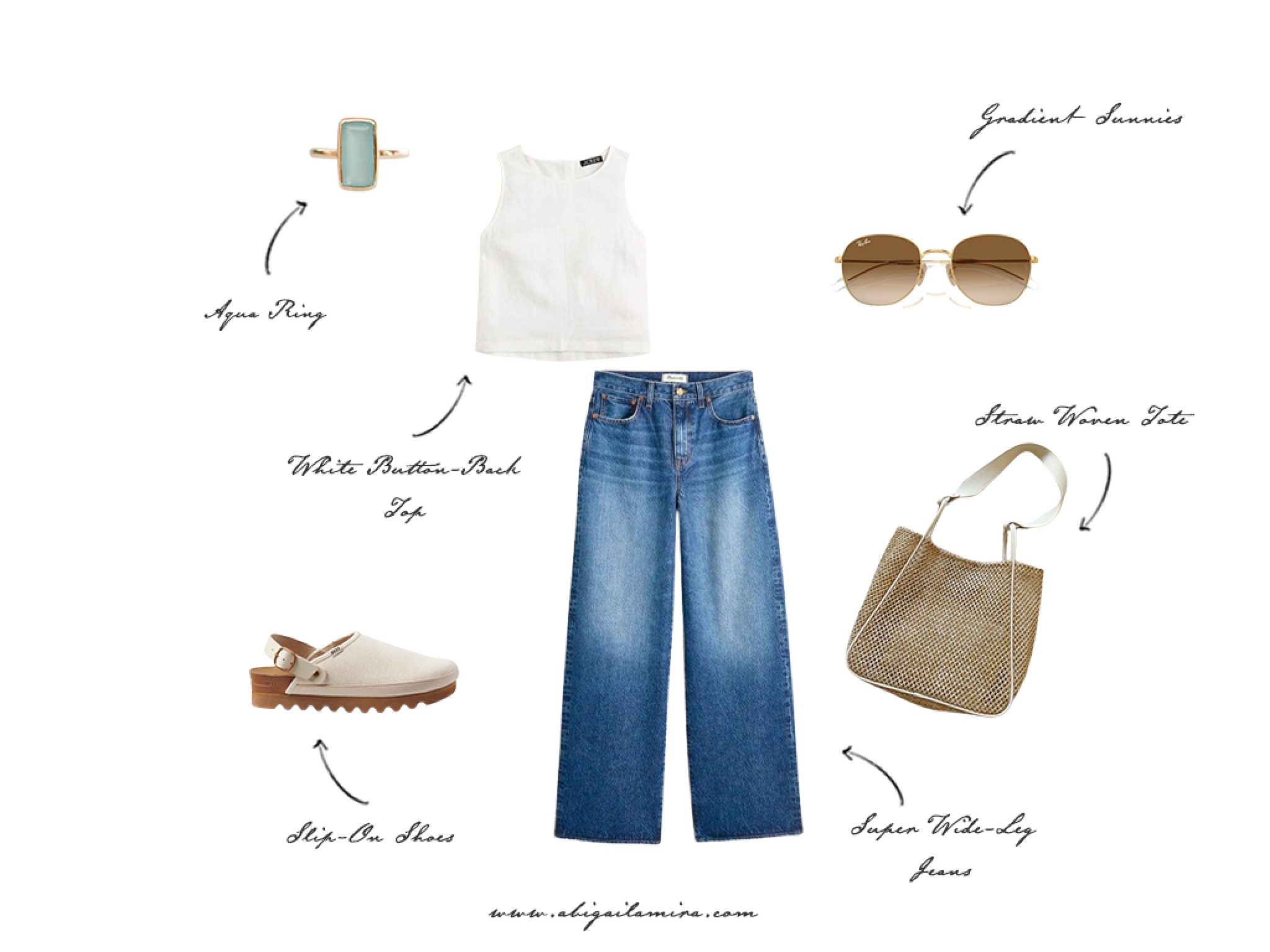 New blog post! Can you imagine running your errands in this outfit? This summery outfit is comfortable while still looking put together. I've paired wide-leg jeans and a soft button-back top with a functional woven straw tote. Slip-on shoes, an aqua ring, and gradient sunnies complete the look. You can wear this while chasing kids around the park, running errands, or meeting friends for a bite. Head over to www.abigailamira.com for the full post.

#LTKStyleTip #LTKFindsUnder100 #LTKOver40