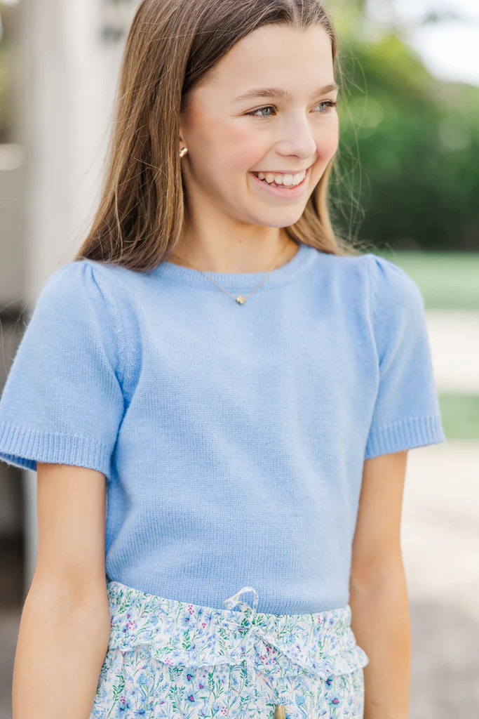 Girls: Work Of Art Blue Short Sleeve Sweater | The Mint Julep Boutique