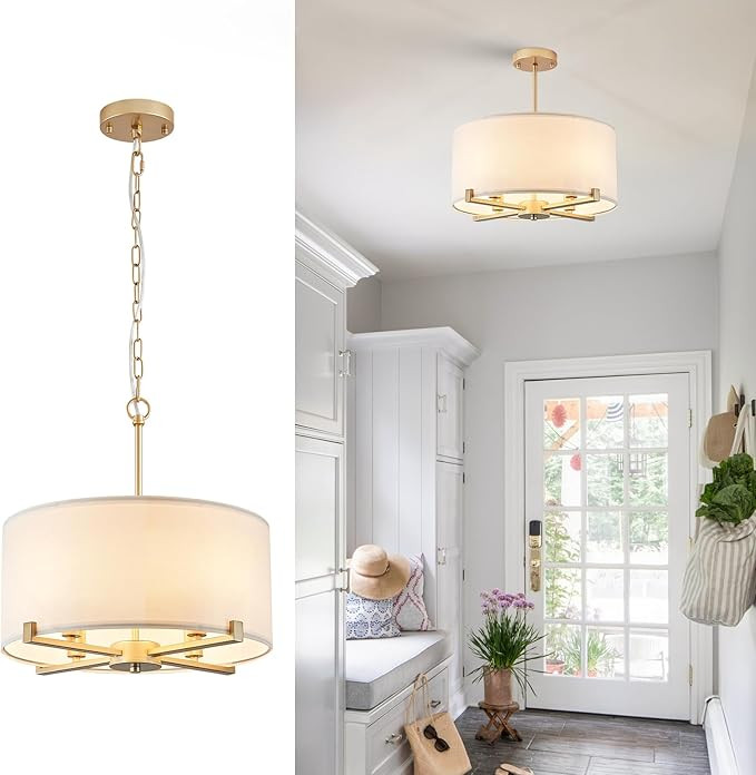 Modern Drum Chandelier 18” White and Gold Pendant Light Fixture Round Fabric Shade 4 Lights Sem... | Amazon (US)