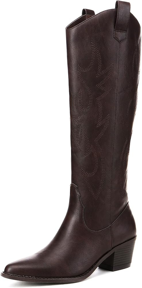Athlefit Women's Western Embroidered Cowboy Boots Pointed Toe Chunky Heel Pull On Knee High Boots | Amazon (US)