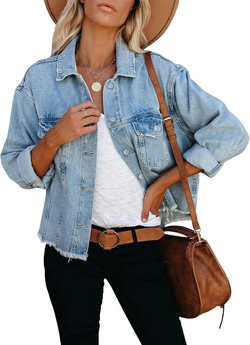 Women's Jean Jacket Frayed Washed Button Up Cropped Denim Jacket | Amazon (US)