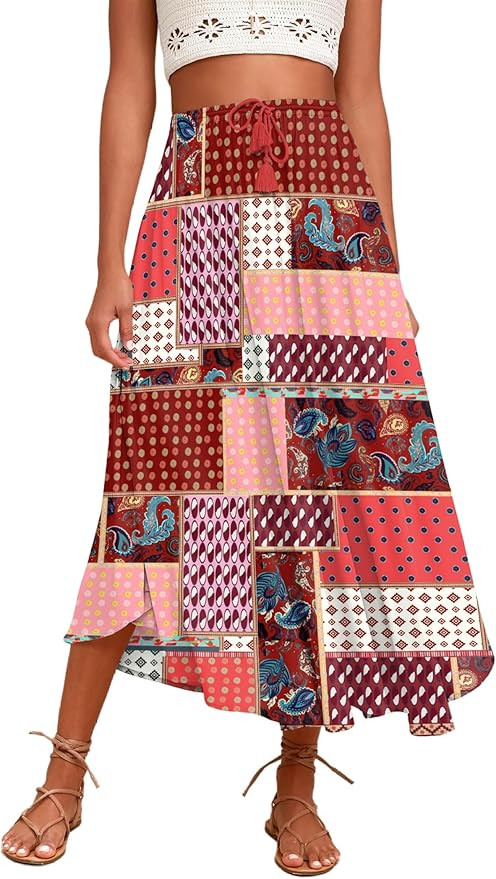 Zeagoo Womens Flowy Pleated Skirts A Line Elastic High Waisted Midi Skirt Boho Casual Long Skirts | Amazon (US)