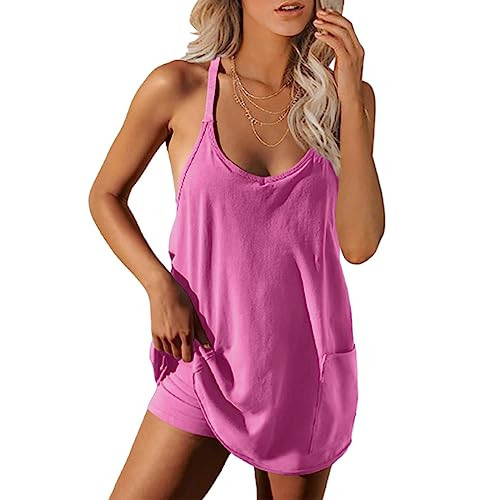 UNIANKIYA Womens Workout Romper Dress with Shorts Underneath Sleeveless Spaghetti Straps Athletic Outfits Casual Vacation Purple Pink | Amazon (US)