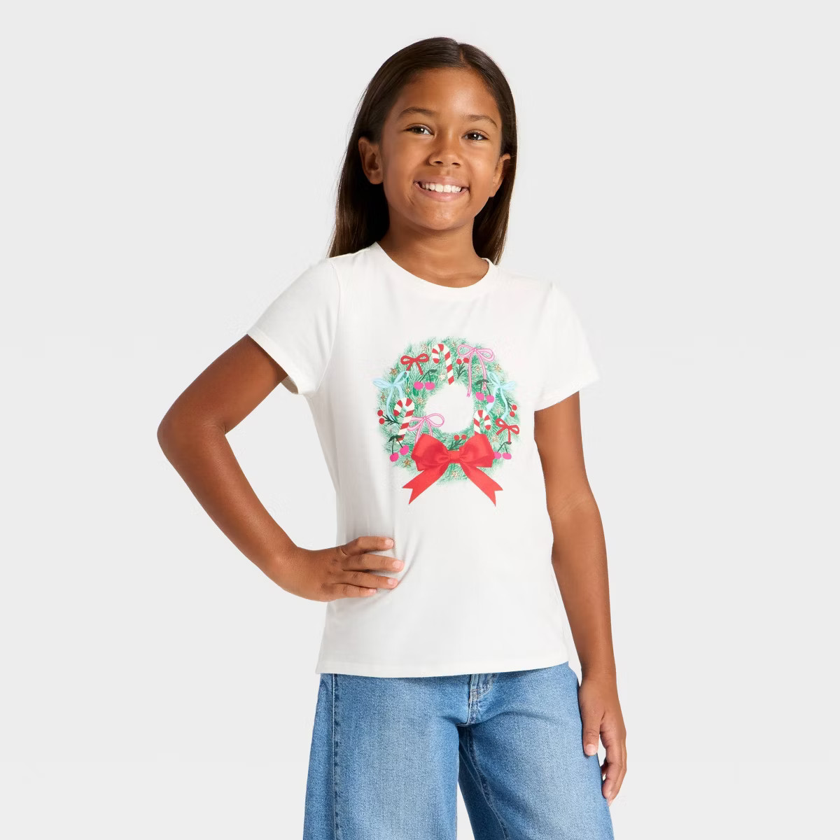 Girls' Short Sleeve Christmas 'Wreath' Graphic T-Shirt- Cat & Jack™ Cream | Target