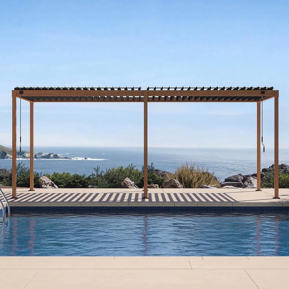 111S Takasho Wood Grain Aluminum Pergola with Adjustable Rainproof Louver | Wayfair North America