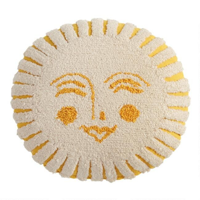 Round Ivory Tufted Sun Face Indoor Outdoor Throw Pillow | World Market