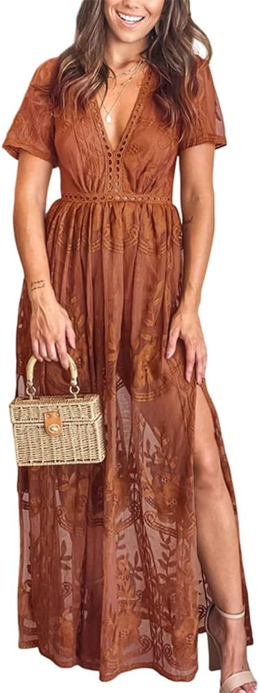 Women's Deep V-Neck Lace Romper Short Sleeve Long Dress | Amazon (US)