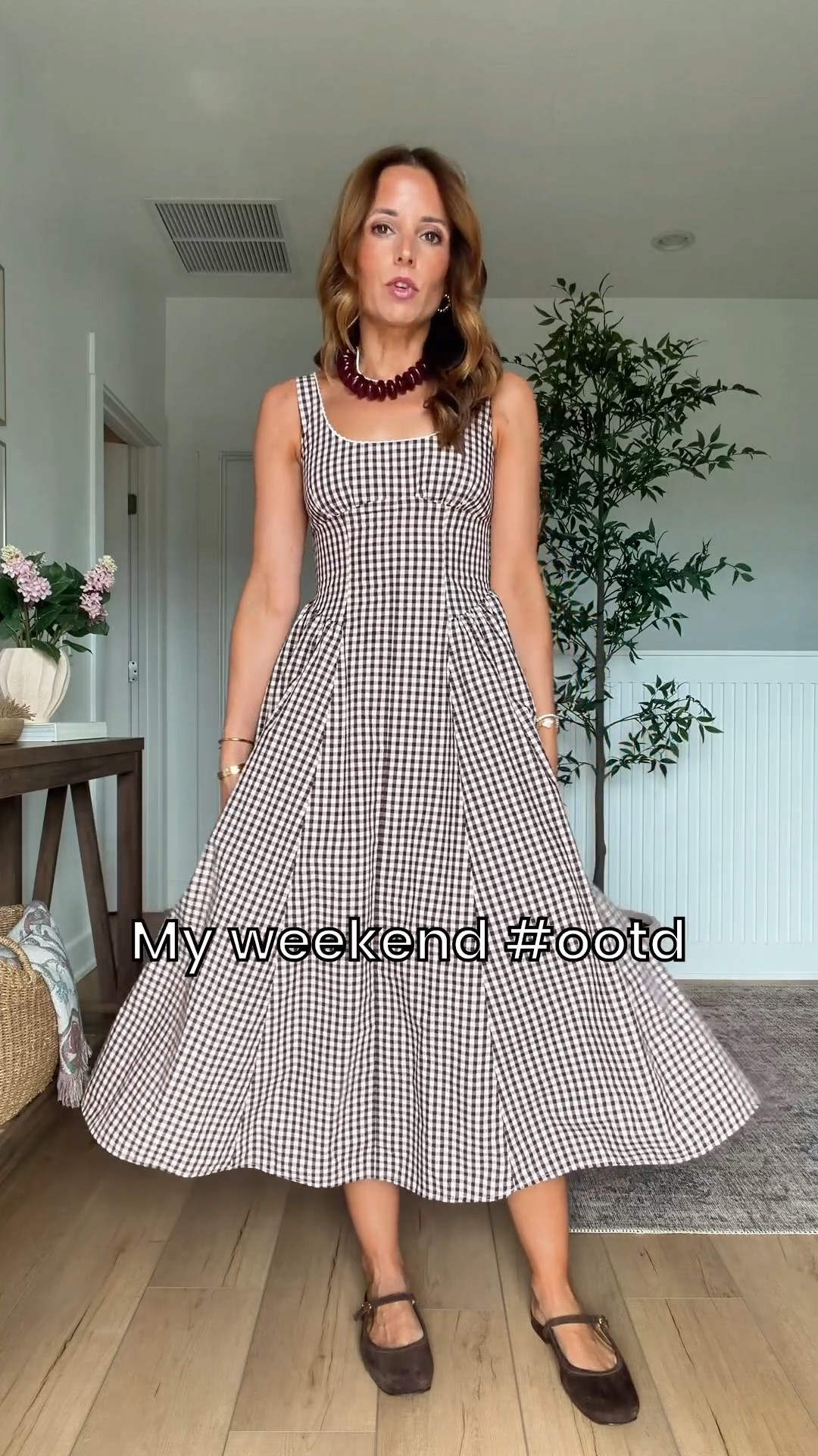 Code SUITEAF! Gingham midi dress in XXS petite. Fall dress. Fall outfit. Elevated casual outfit. Fall style. Brunch outfit. Family photo dress. Wearing XXS petite. Ballet mules are TTS. Beaded necklace.

#LTKPetite #LTKootd #LTKgrwm