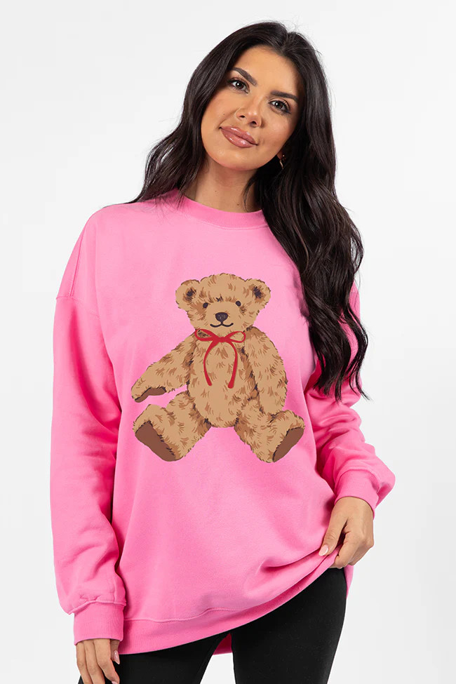Vintage Teddy Bear Red Bow Pink Oversized Graphic Sweatshirt FINAL SAL | Pink Lily