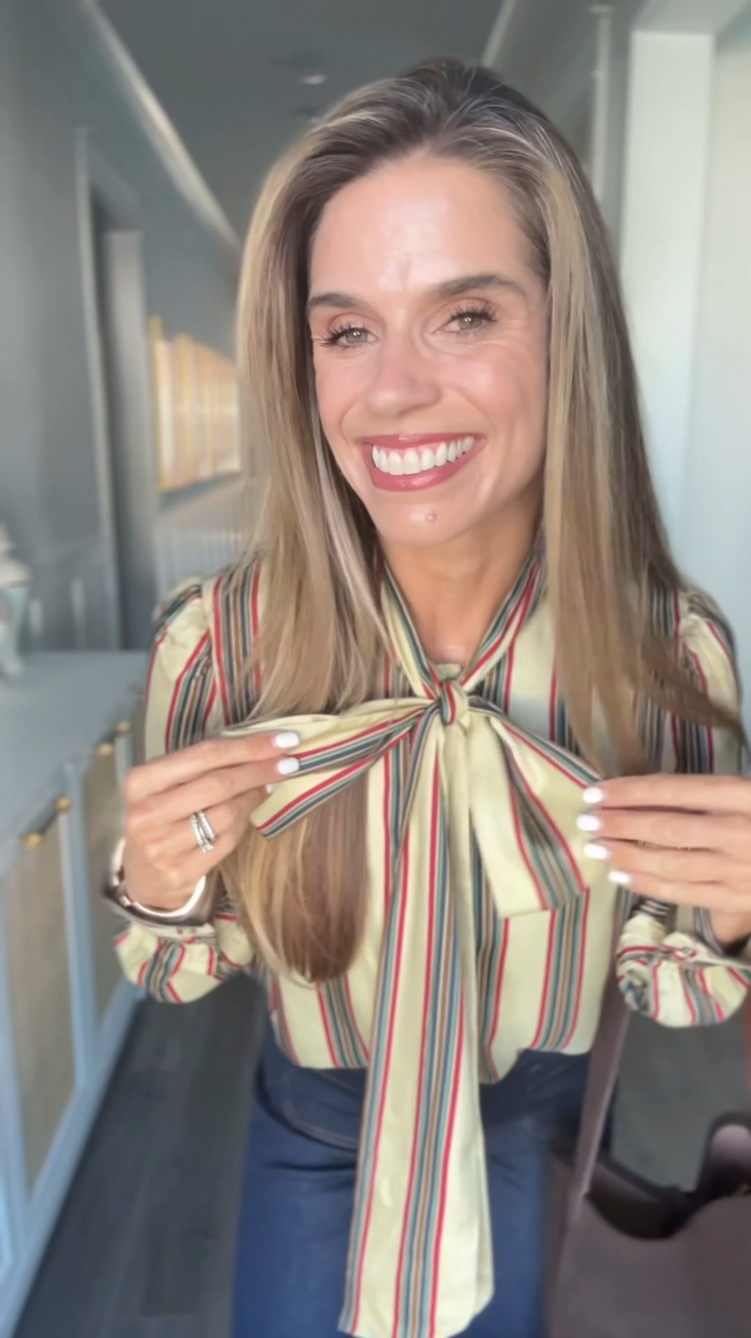 Boden Fall Collection, Striped silk bow blouse, Flare jeans, Red heels, Moda Luxe bucket bag. Fall Fashion, Fall style. All pieced were #gifted  

 #LTKootd #LTKSeasonal #LTKOver40