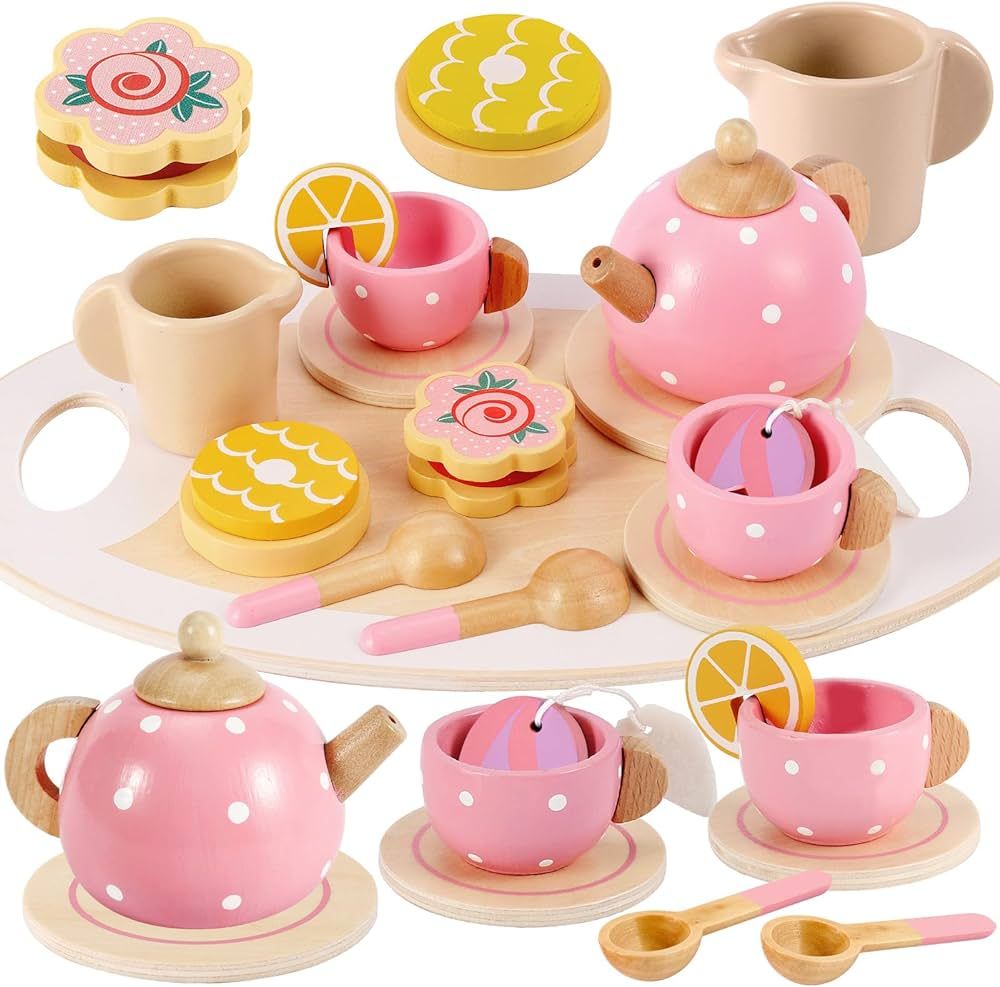 BUYGER Wooden Tea Party Set for Toddlers Little Girls with Tea Cup Teapots Food Tray Pretend Play... | Amazon (US)