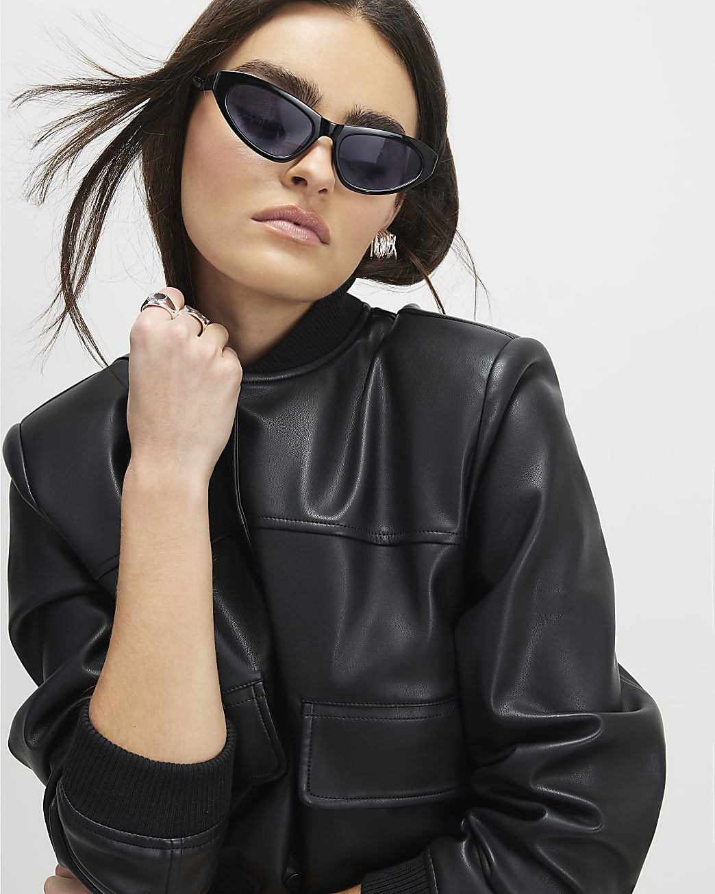 Black Faux Leather Cropped Bomber Jacket | River Island UK & IE