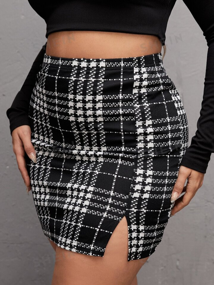 SHEIN SXY Plus Plaid Print Split Bodycon Skirt | SHEIN