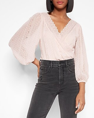 Eyelet Trim Faux Wrap Thong Bodysuit | Express