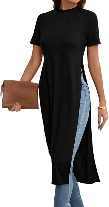 Women's Crewneck Solid Slit Thigh Longline Tee Top Short Sleeve T Shirt Blouse for Women | Amazon (US)