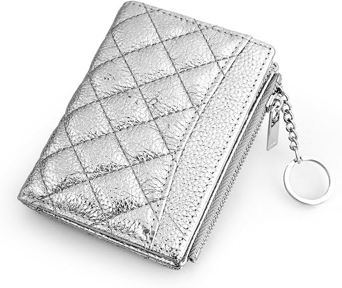 befen Genuine Leather Slim RFID Bifold Wallet Women with Zipper Pocket Keychain - Metallic Silver... | Amazon (US)