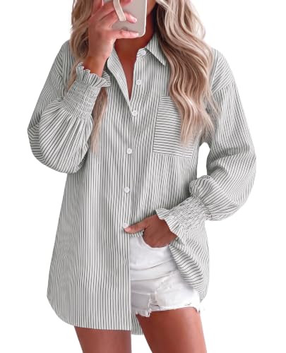 Striped Long Sleeve Shirt Women Oversized Button Up Boyfriend Blouse Loose Fit Smocked Cuffed Dressy Casual Collared Fall Outfits Fashion Tops Business Dressy Casual Black and White XL | Amazon (US)