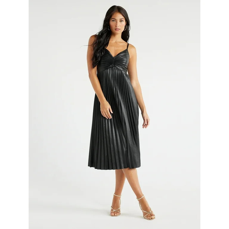 Sofia Jeans Women's Faux Leather Pleated Midi Dress, 45-1/2" Long, Sizes XS-2XL | Walmart (US)