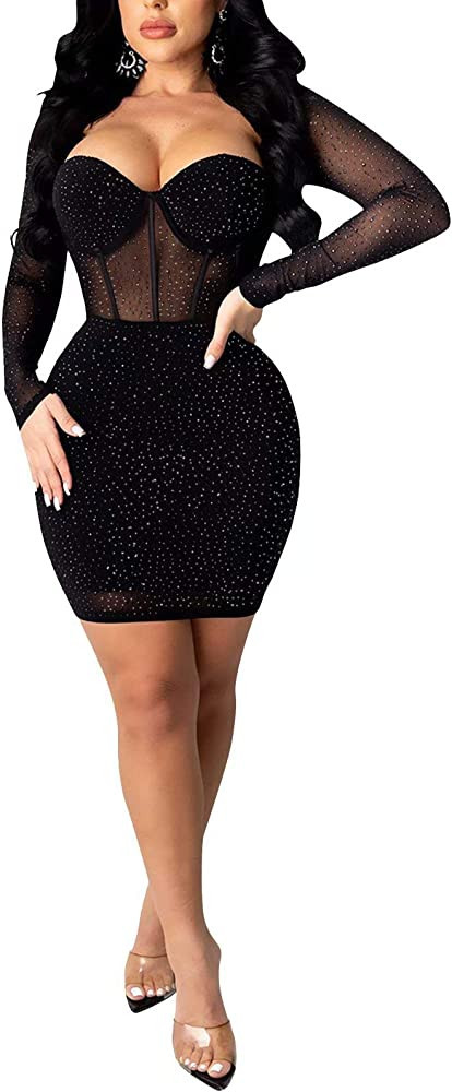Aro Lora Women's Sexy Studded Hollow Out High Neck Bodycon Mini Club Dress | Amazon (US)