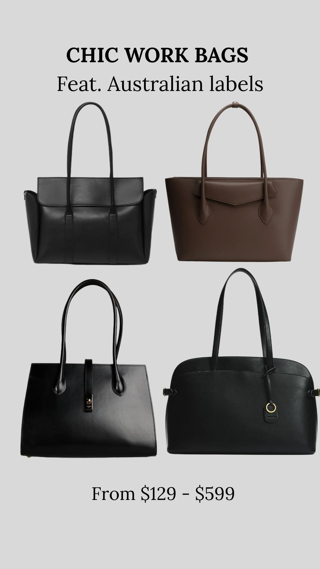 I’ve been searching for the perfect work bag - here are my top contenders from Australian labels and designers.Note: couldn't find an exact match for the TDE bag - so substituted it ! Xx#workbag #officestyle #officeoutfitideas #fashiontrends #handbagtrends 

