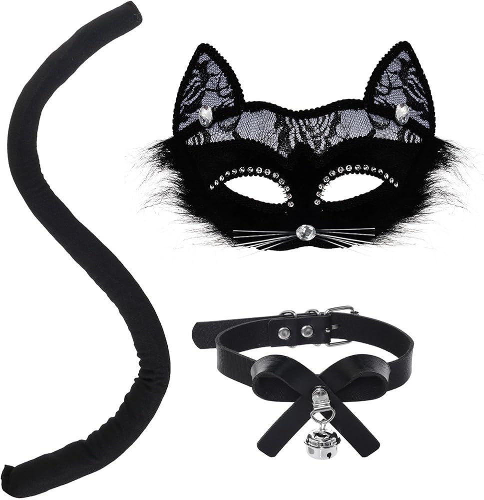3Pcs Black Cat Halloween Costume Accessories for Adult Women, Cat Mask Tail and Bell Collar Neckl... | Amazon (US)