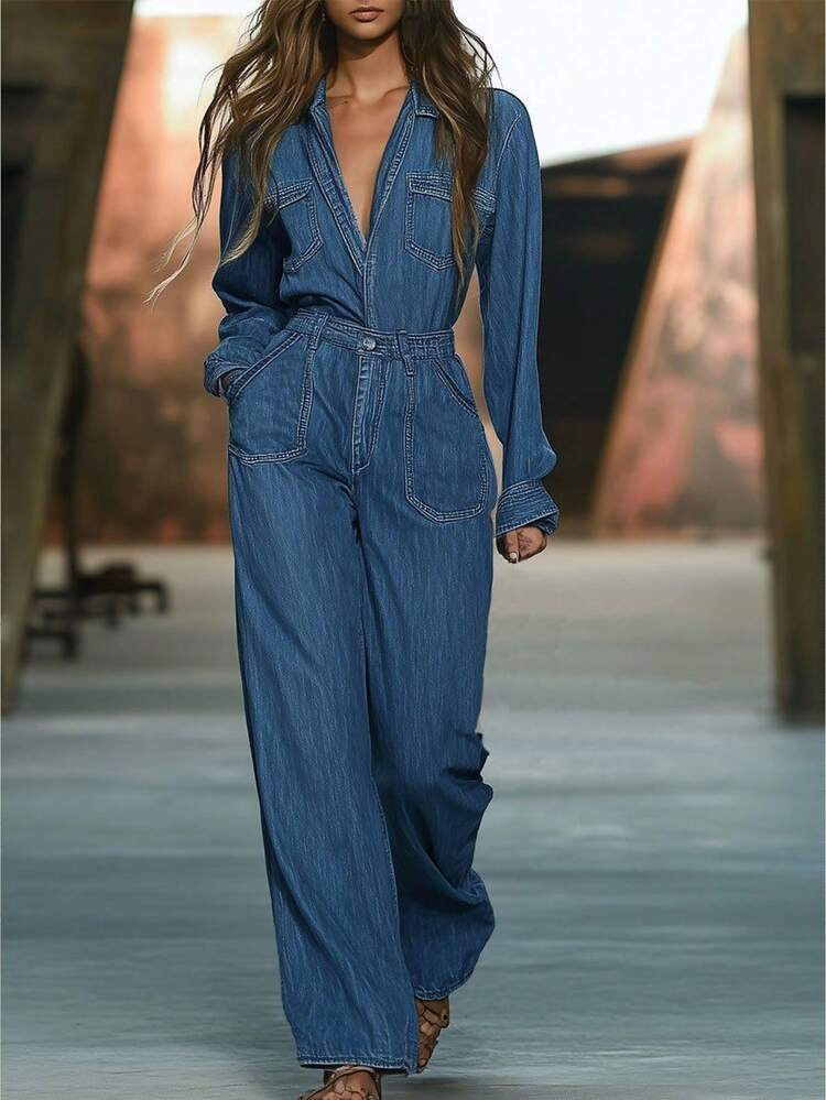 Selenza Women's Casual Pocketed Wide Leg Denim Jumpsuit | SHEIN