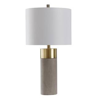 27.75 in. Soft Brass/Natural Concrete Table Lamp with Brussels White Hardback Fabric Shade | The Home Depot