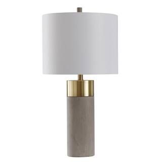 27.75 in. Soft Brass/Natural Concrete Table Lamp with Brussels White Hardback Fabric Shade | The Home Depot