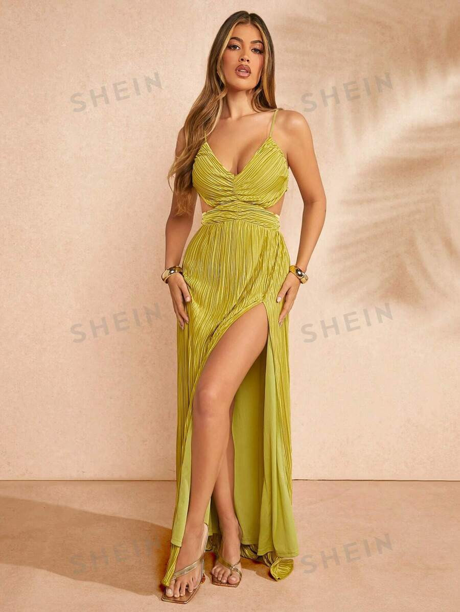 SHEIN Haute Plisse Cut Out Split Thigh Maxi Dress | SHEIN