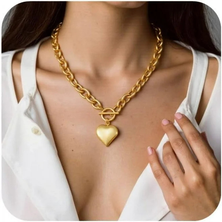 skyyds Chunky Gold Heart Necklaces For Women 18K Gold Plated Choker Necklace Fashion Large Heart ... | Walmart (US)
