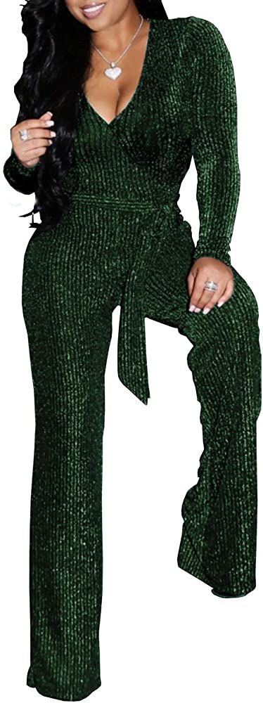 Women's Sexy Sparkly Jumpsuits Clubwear One Piece Deep V Neck Long Sleeve Pants with Belt | Amazon (US)