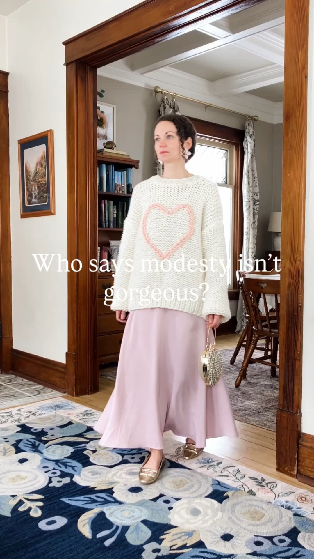 A pretty cream and light pick outfit for Valentine’s Day!
Chunky cream sweater with heart from Chicwish. 
Light pink skirt from Chicwish. 
Large pink flower earrings are old, linking similar. 
Gold pearl heart bag from Chicwish. 
Gold leather ballet flats from C.Paravano. 
Petite outfit. Modest outfit. Valentine’s Day outfit. Cute outfit. 

#LTKSeasonal #LTKOver40 #LTKValentine