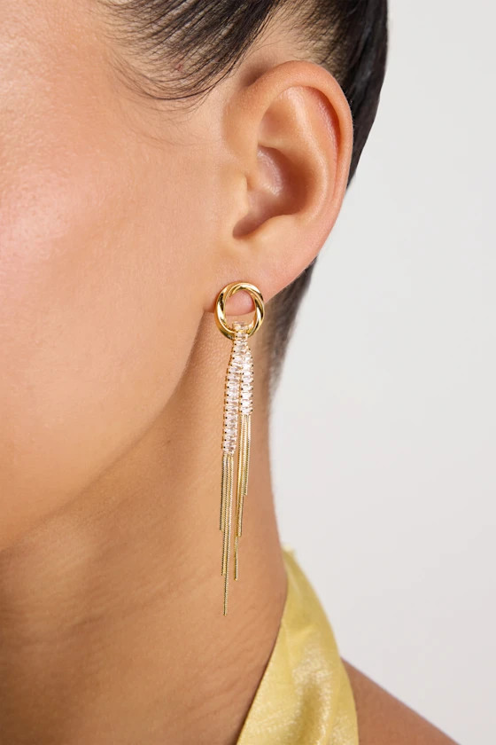Orion 14KT Gold Rhinestone Fringe Drop Earrings | Lulus