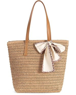 Large Straw Beach Bag: Women's Handwoven Tote with Zipper Pocket - Lightweight Summer Purse for T... | Amazon (US)
