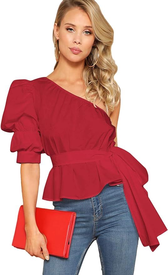 Romwe Women's One Shoulder Short Puff Sleeve Self Belted Solid Blouse Top | Amazon (US)