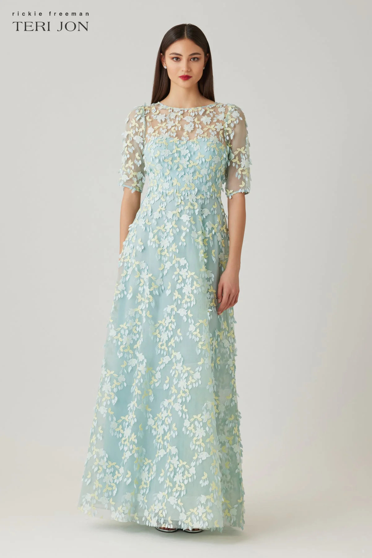 Tulle 3D Petal Elbow Sleeve Gown | TERI JON